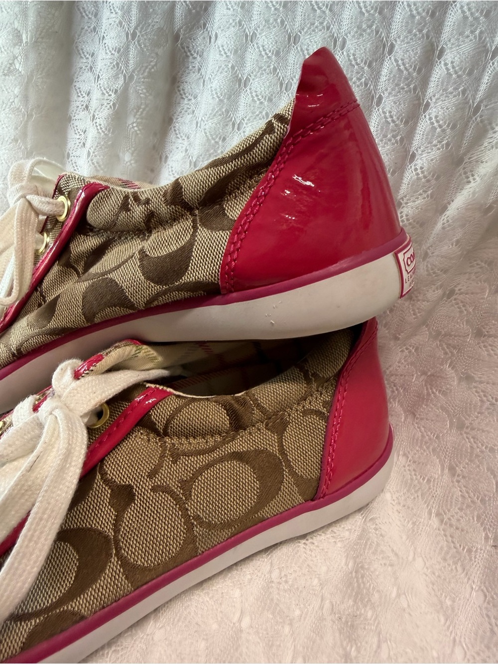Coach Brown Signature Canvas Sneakers with Pink Trim - Picture 3 of 12